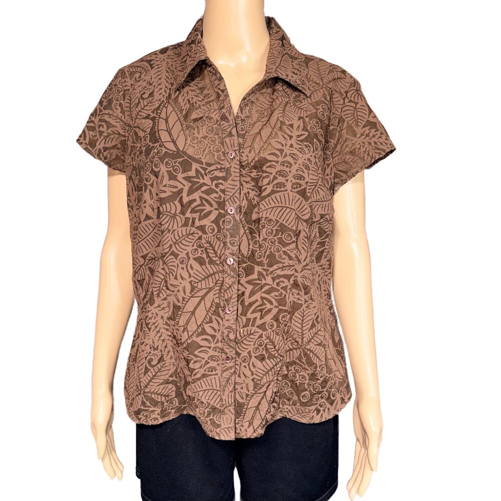 Dressbarn Womens Blouse Button Down Top Collared Nearly Sheer Lined Brown Large